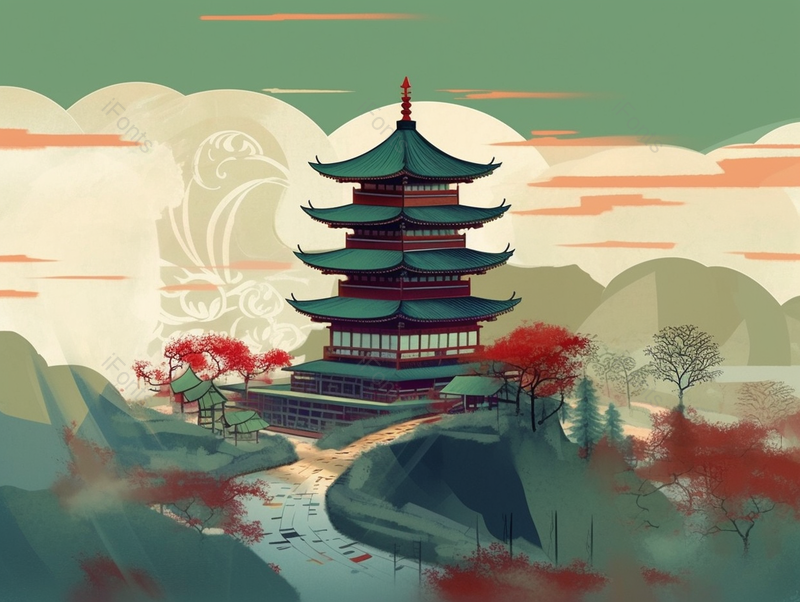 古城古代建筑黄色天空山顶水墨河流倒影写意古典主义绘画,插画/手绘图,插画/手绘图库,插画/手绘图下载,插画/手绘